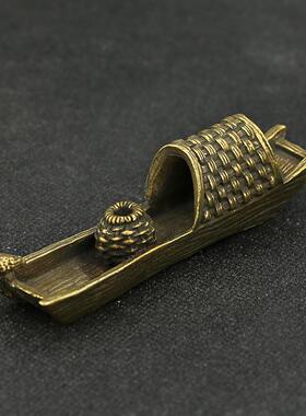 复古迷你纯黄铜小船茶宠摆件镇纸笔搁渔舟日式茶道铜器收藏工艺品
