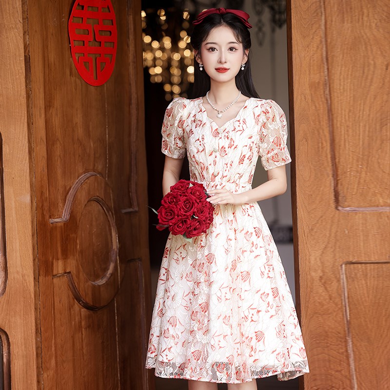 孕妇敬酒服新娘女婚服短袖订婚小礼服粉色大码胖mm显瘦回门服便装