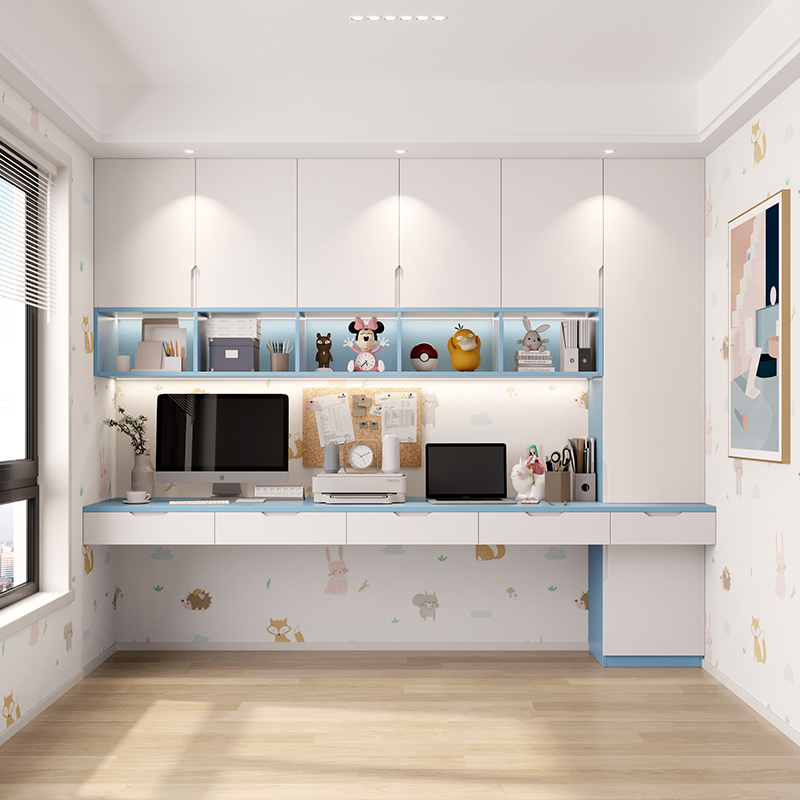 卧室轻奢儿童双人书桌书架一体组合柜学习桌学生家用书柜衣柜定制