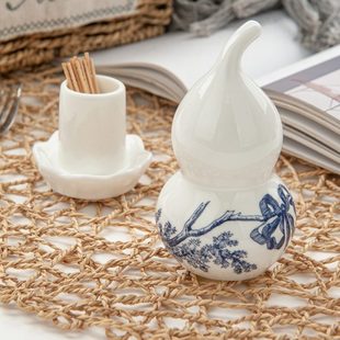 牙签笼客厅家居摆件棉棒收纳酒店牙签罐 多彩骨瓷葫芦牙签筒时尚