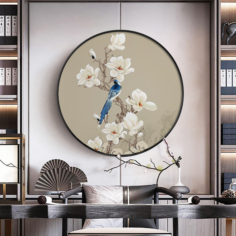 新中式客厅餐厅圆形装饰画花鸟z画挂画中国风卧室玄关过道走廊壁图片