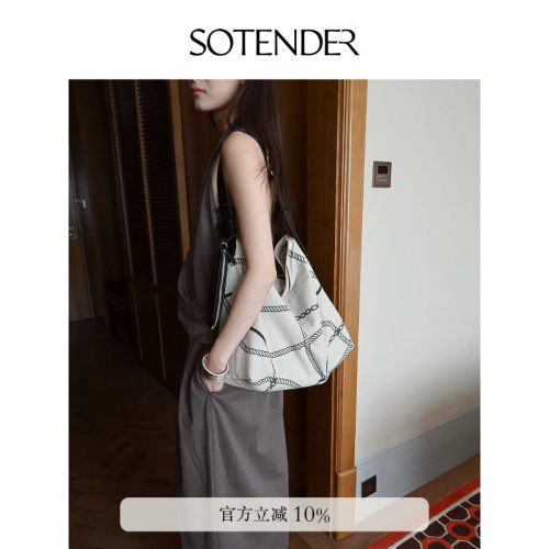 Sotender亚麻头层牛皮hobo包通勤百搭大容量单肩斜挎帆布包托特包