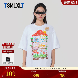 情侣 纯棉设计感小熊短袖 TSMLXLT彩铅涂鸦阳光房子T恤女25夏季 新款