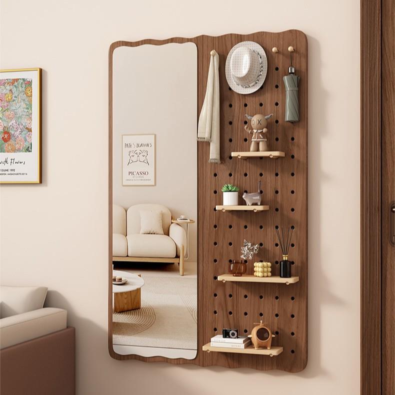 实木洞洞板穿衣镜家用卧室壁挂式试衣镜置物架一体玄关全身镜子