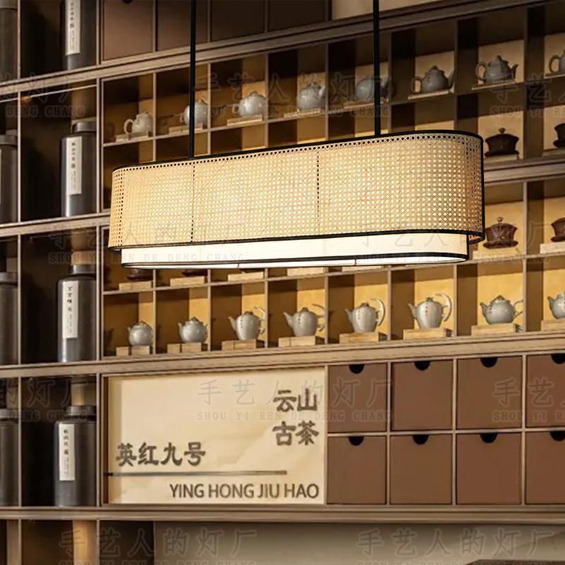 新中式创意藤艺餐厅灯日式侘寂民宿酒店收银吧台茶室长条布艺吊灯