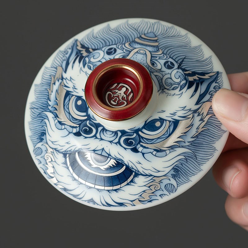 半岭窑墨彩醒狮功夫茶具套装二才盖碗实用礼物商务礼品伴手礼