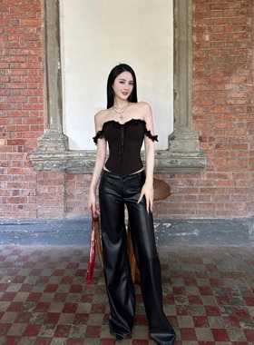 BETTER ME 黑色蕾丝花边一字肩挂肩俩穿鱼骨抹胸修身背心显瘦上衣