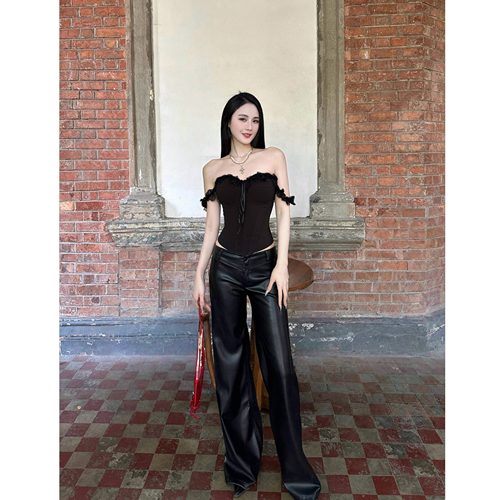 黑色蕾丝花边一字肩挂脖抹胸