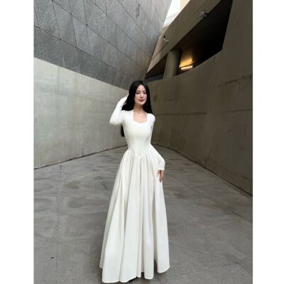 白色赫本风鱼骨收腰显瘦长裙