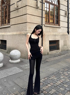 BETTER ME 网纱挂脖连衣裙上衣&微喇长裤套装