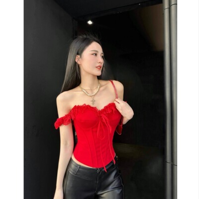 蕾丝花边一字肩挂脖抹胸