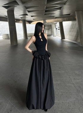 BETTER ME 极简新中式盘扣黑色长款蓬蓬裙