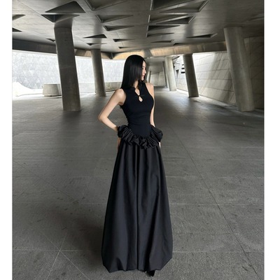 BETTER ME 极简新中式盘扣黑色长款蓬蓬裙
