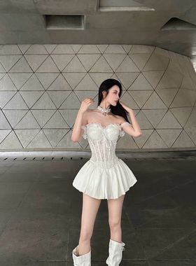 BETTER ME 白色蕾丝花边一字肩挂肩俩穿鱼骨抹胸修身显瘦露肩上衣