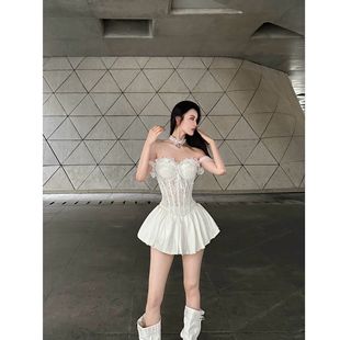 显瘦露肩上衣 白色蕾丝花边一字肩挂肩俩穿鱼骨抹胸修身 BETTER