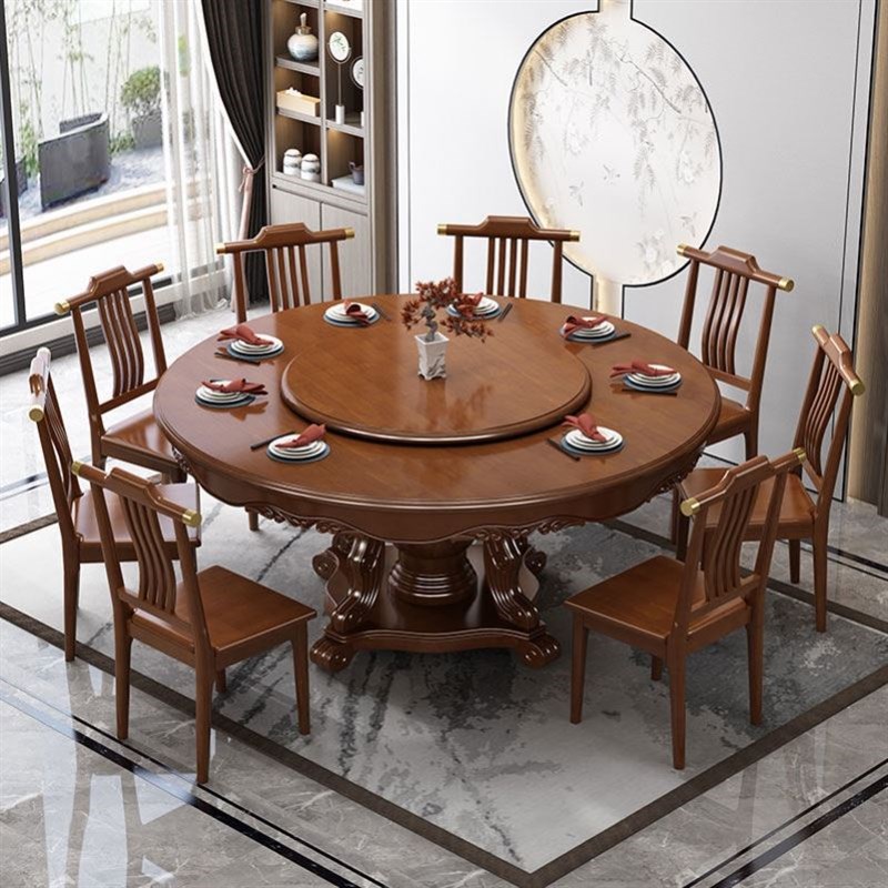 新中式实木餐桌椅组合家用小户型饭厅酒店10人大圆型吃饭桌