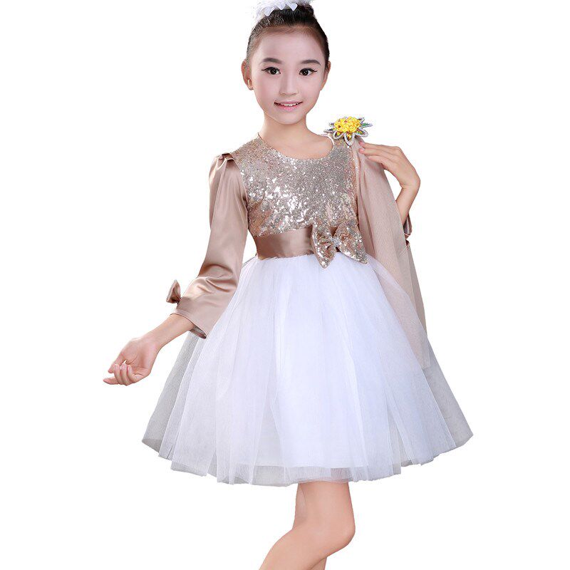 女童香槟色公主裙男花童主持礼服少儿学生童声朗诵大合唱表演长袖