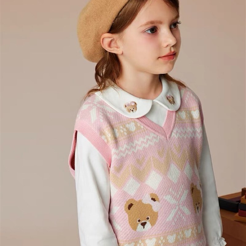 验货2024秋款新品中大童男女童全棉可爱V领针织毛衣马甲