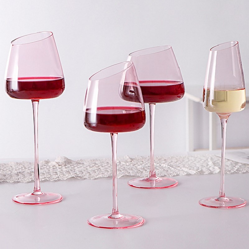 北欧斜口粉红色红酒杯水晶玻璃高脚杯子高颜值葡萄酒杯情侣香槟杯