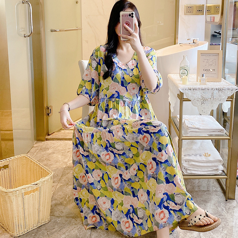 加长款棉绸睡裙女夏薄款大码中袖高级感连衣裙甜美宽松沙滩裙睡衣