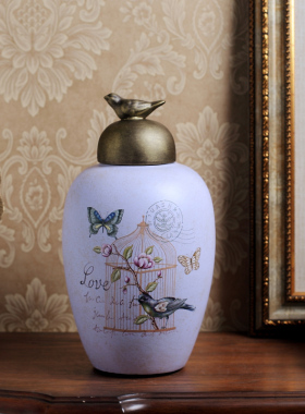 美式乡村陶瓷带盖储物罐 客厅家居装饰工艺品软装样板间结婚摆件