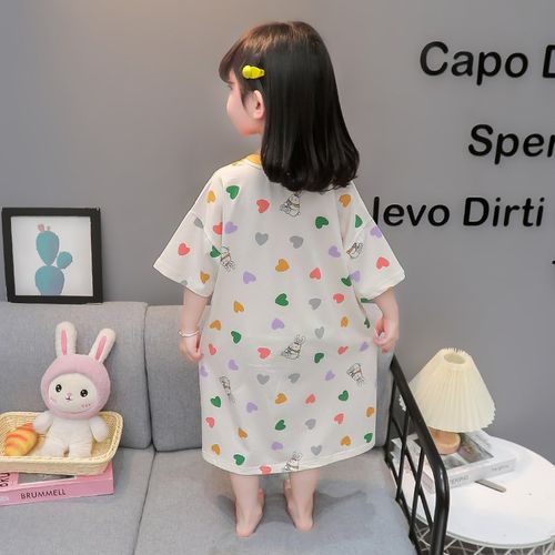 女童睡裙2024新款春秋爱心小兔长裙睡衣中小童女宝宝休闲款家居服