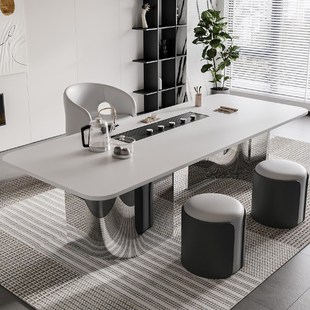 岩板茶桌椅组合办公室现代阳台家用功夫书桌不锈钢茶台烧水壶一体