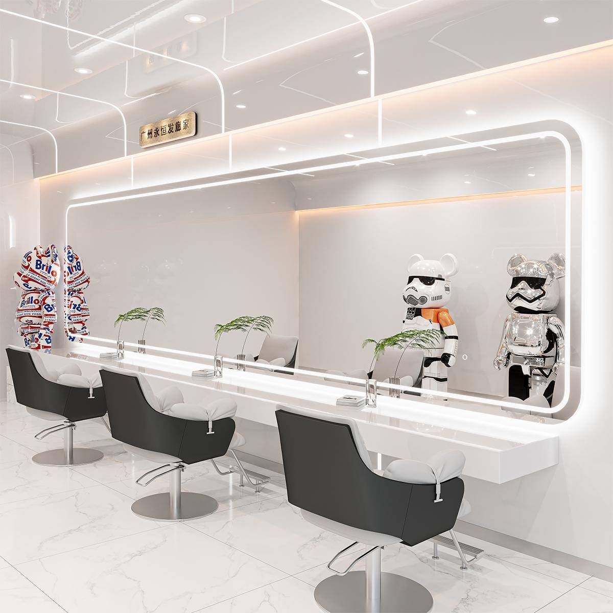 潮款理发店镜子发廊专用烫染剪发镜台美发店镜子横挂多工位大通镜