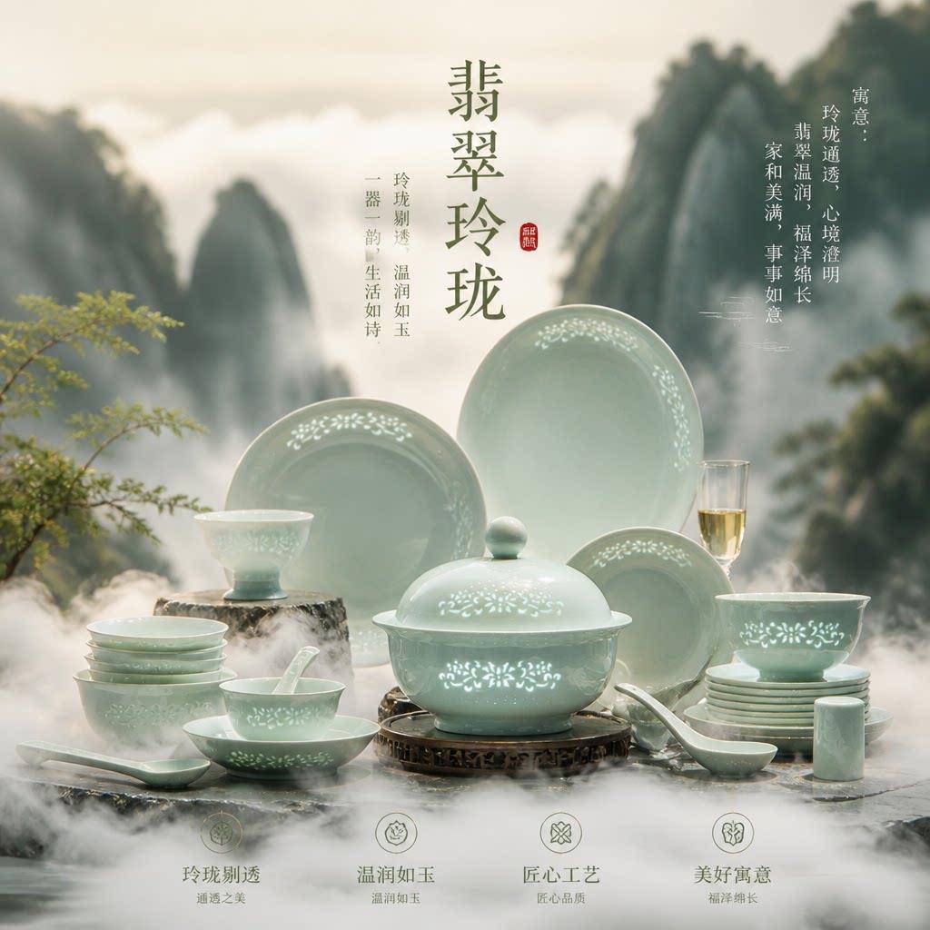 高温餐具陶瓷碗家用高白瓷碗碟套装釉下彩轻奢高级感玲珑瓷景德镇