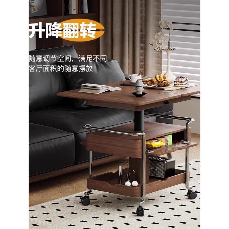 实木中古小推车家用客厅移动折叠古风小户型带轮推桌升降茶几沙发