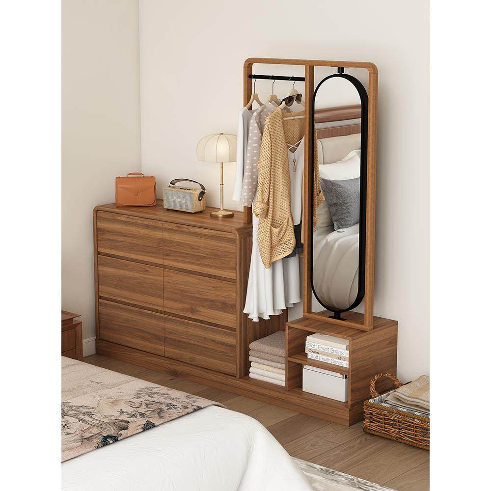 床尾收纳柜卧室斗柜挂衣架一体靠墙储物柜实木框五斗柜抽屉置物柜