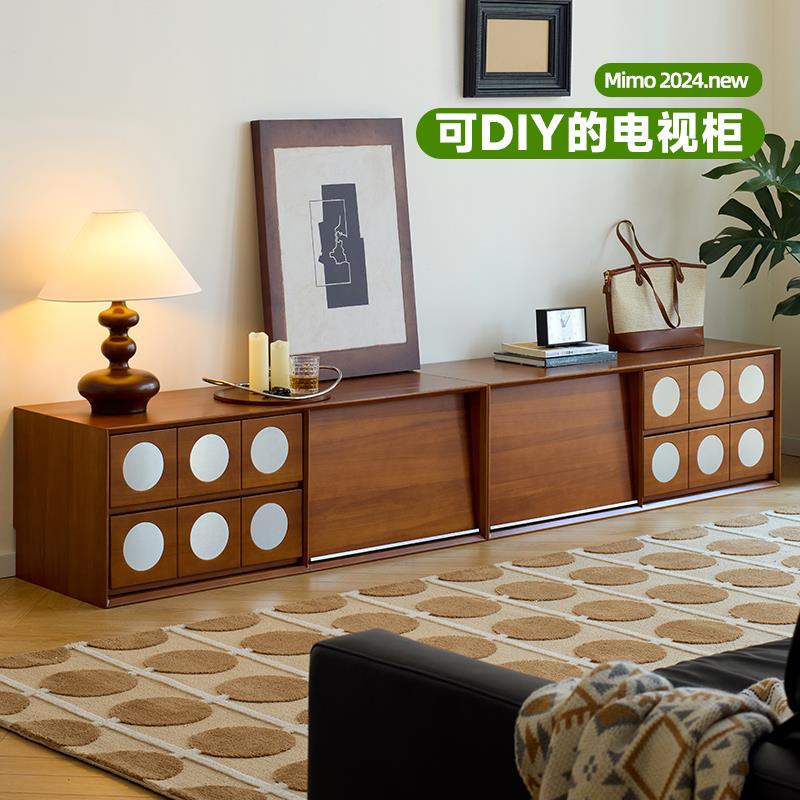 觅墨中古风落地式电视柜收纳储物一体柜客厅家用实木组合电视机柜