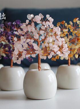 粉紫水晶桃花发财树办公室桌面工位装饰品招财小摆件创意转运礼物