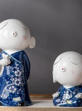 新中式禅意陶瓷小和尚摆件玄关房间办公室博古架桌面创意家居饰品