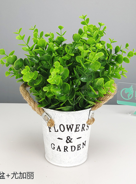 鲸鸿美陈小盆花铁桶铁盆仿真花超市装饰店铺装扮摆件客厅酒架玄关