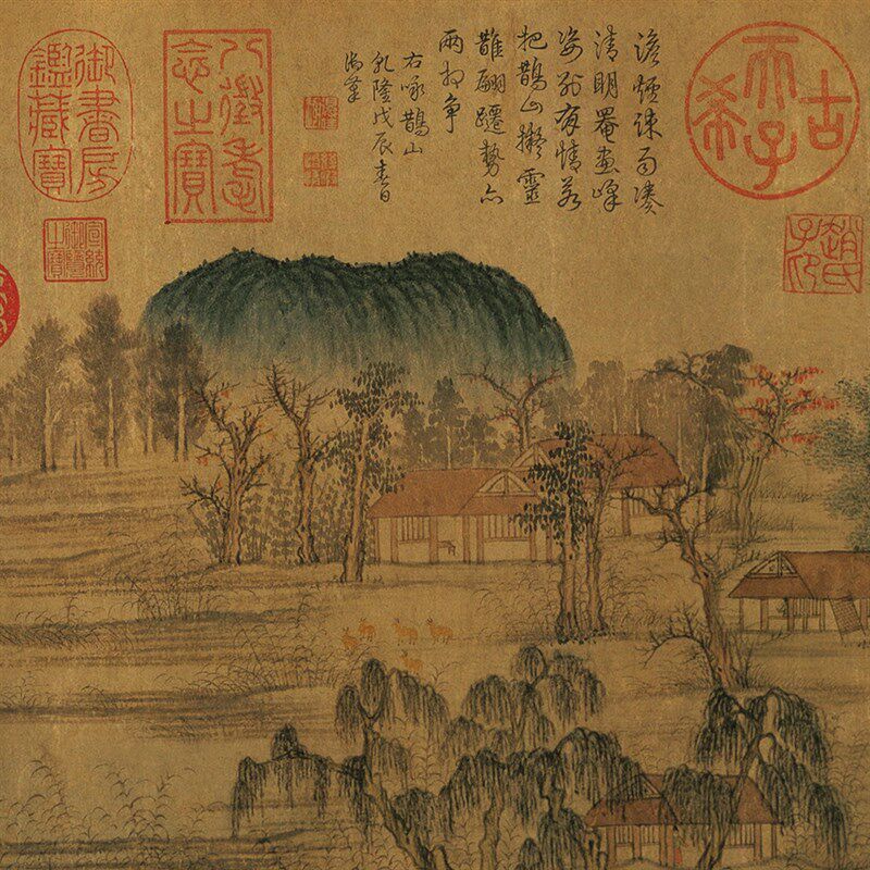 赵孟頫鹊华秋色图新中式客厅装饰画仿古漆画金箔画银箔画背景墙画