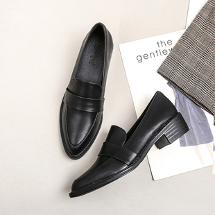 尖头小皮鞋女春秋2021新款英伦风工作乐福M鞋一脚蹬平底粗跟单鞋