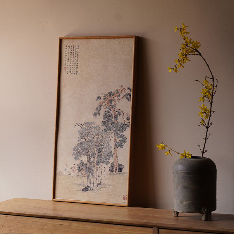 是名一鹿 松竹高士茶挂画胡桃木榫卯茶室空间玄关装饰画竖幅