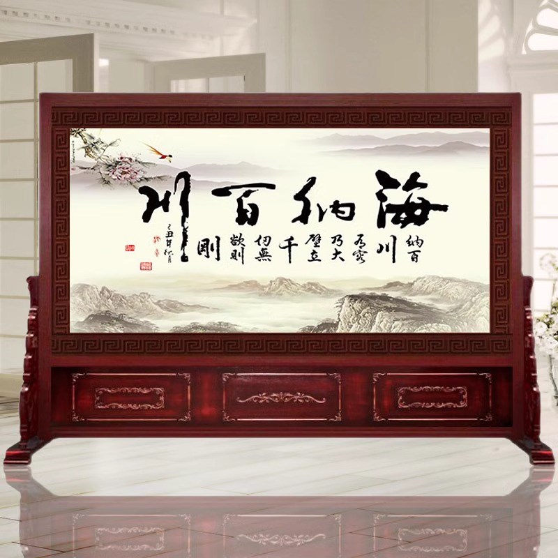 油漆中式客厅大堂办公室实木隔断酒店大厅进门口木质装饰牡丹屏风