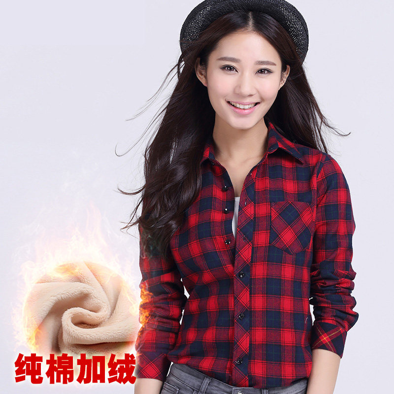 纯棉保暖格子加绒衬衫女士长袖冬季新款加厚磨毛韩版Y宽松大码衬