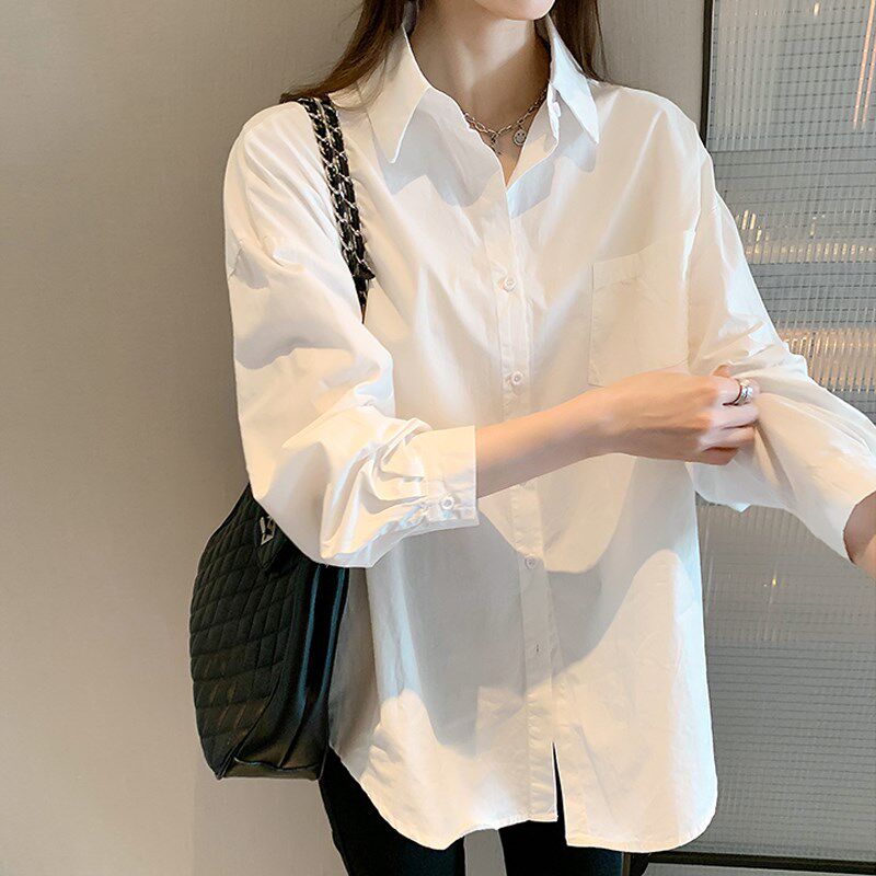 夏装白色衬衫女长袖大码韩系胖MM宽E松小众高级感职业OL面试衬衣