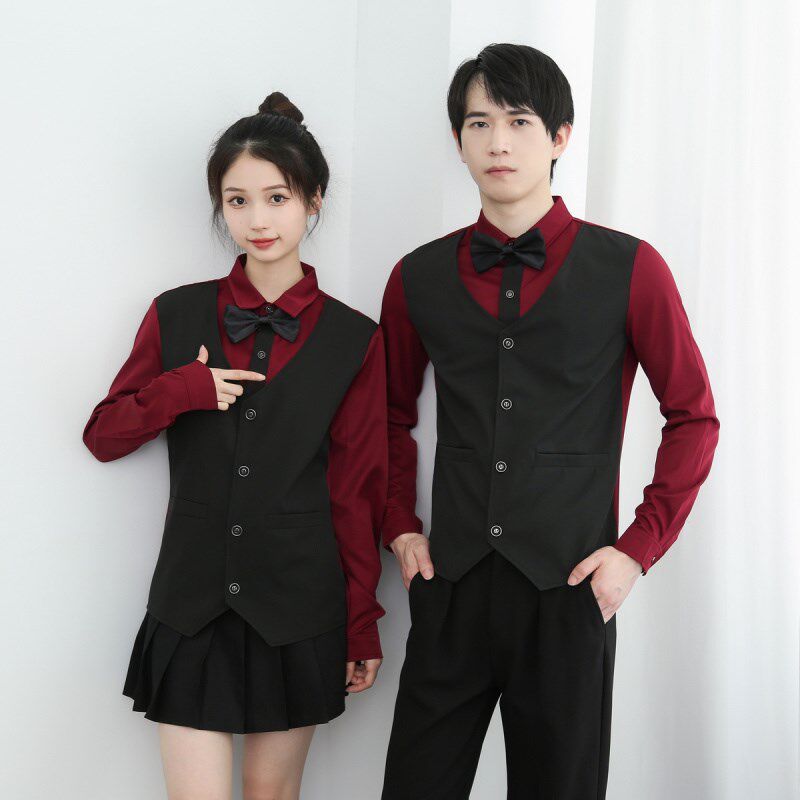 新品定制衬衫印logo图案假两件衬衣工装酒吧西餐厅咖啡馆奶茶制服