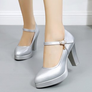 银色模特t台走秀高跟鞋白色婚鞋粗跟防水台表演N鞋大码40-43码女