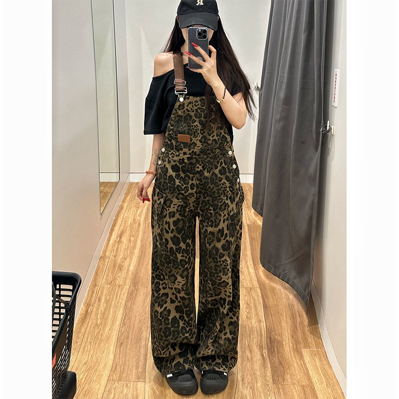李李服饰多口袋豹纹牛仔背t带裤女24秋季新款设计感工装阔腿连体