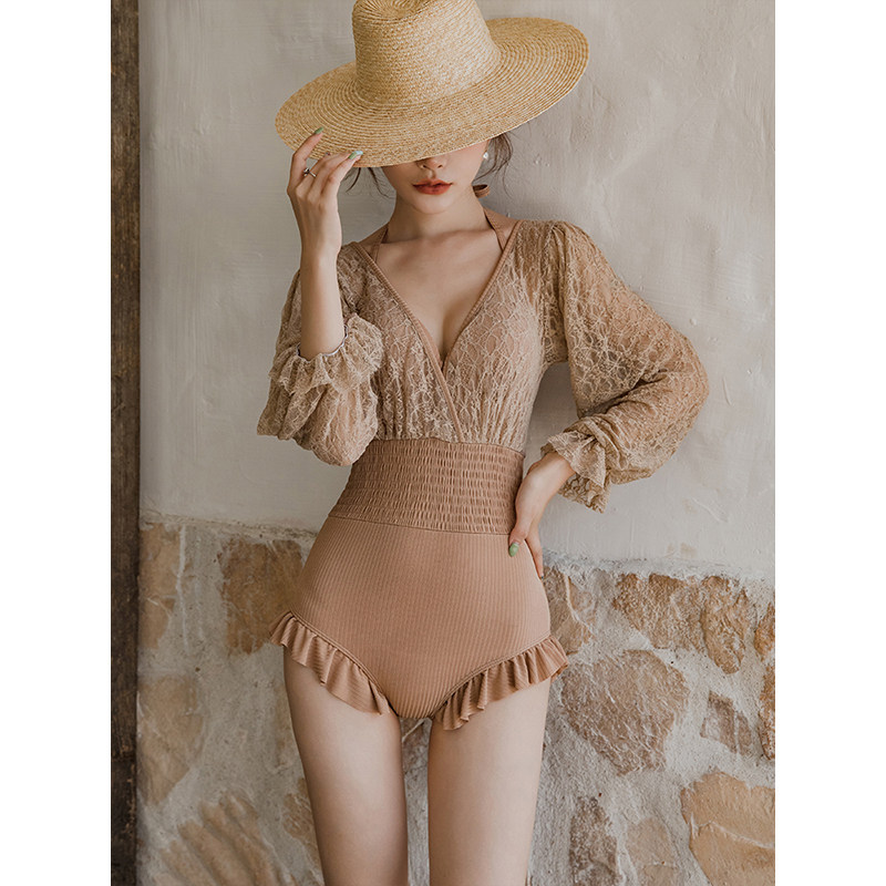 长袖游泳衣女2021新款夏连体三角显瘦遮肚小胸保守防嗮温泉泳装