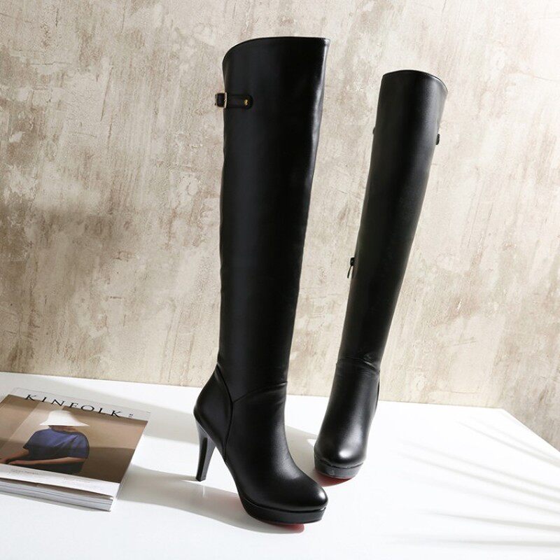 秋冬款侧拉链过膝长靴大小码v白色高跟鞋皮带扣长筒时尚皮靴细跟4