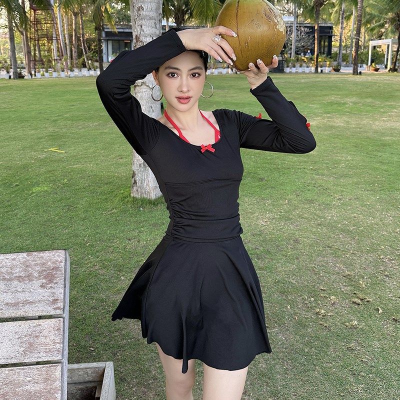 泳衣女连体三角长袖三件套保守显瘦大码胖mm遮肉200斤Z泡温泉泳装