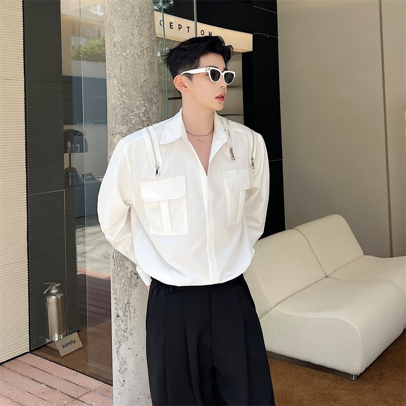夏季高级感工装衬衫男长袖小众解C构多拉链设计感韩版简约白色衬