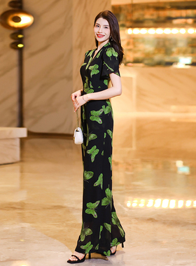 绿色蝴蝶印花连体裤显瘦q新款女夏雪纺高端长款套装连衣阔腿裤225
