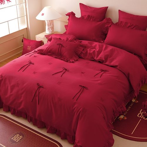 法式浪漫结婚全棉100S长绒棉床单四件套婚庆喜被套贡缎大红色床品